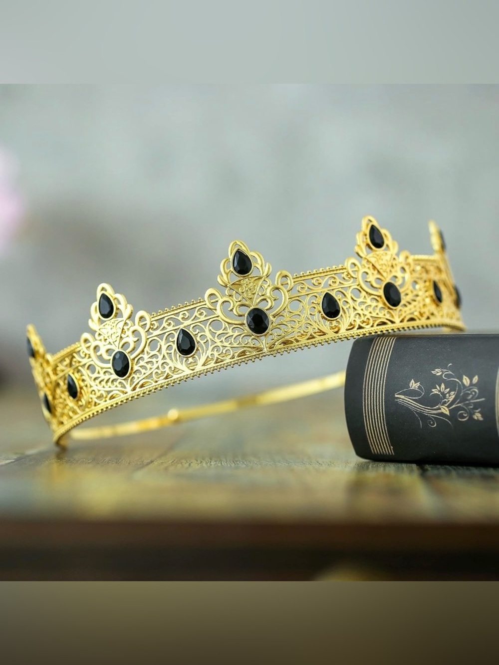 Cosplay Medieval Crown Gold Filigree w/Black Stones Adjustable Headband